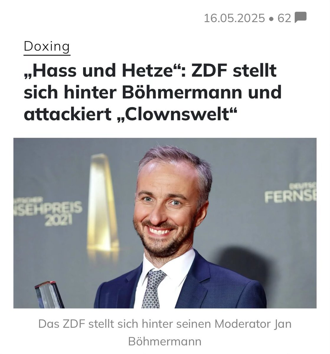 Ist in dieser Causa etwa die ZDF-Chefetage die treibende Kraft und Böhmi nur der Blödmann, der seine dämliche Fresse in die Kamera halten muss?