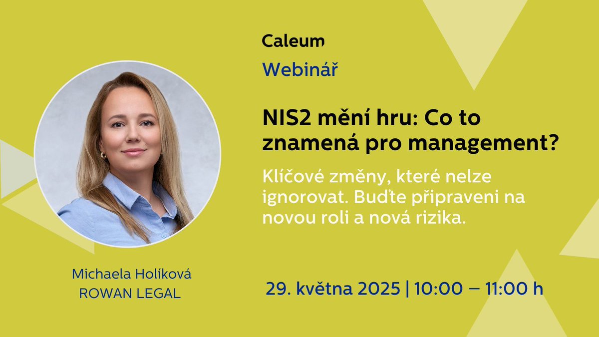 🚨 NIS2 a nový zákon o kyberbezpečnosti zásadně mění odpovědnost managementu! Přijďte na webinář 29. 5. a zjistěte, jak ochránit firmu před riziky a sankcemi. Registrace zdarma! 🔗 bit.ly/4dkFLYf 

#Kyberbezpecnost #Management