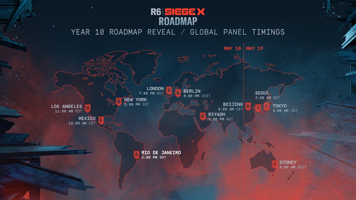 R6X 로드맵 공개 시간 🔻맵을 확인해주세요!
✅ 한국 시간 기준 5월 19일 (월) 새벽 3시 
생방송으로 진행하는 Year 10 공개패널을 함께 시청하세요!
👉 twitch.tv/Rainbow6
