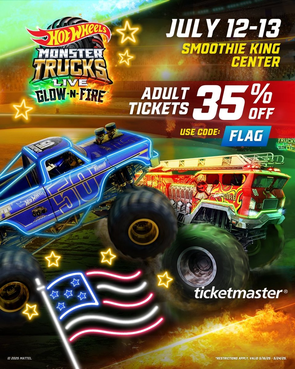 Witness Hot Wheels Monster Trucks Live: Glow N Fire at the Smoothie King Center for 35% OFF when you USE CODE: FLAG starting today till May 24th! 🌟

🎟️: bit.ly/43uijom

#SmoothieKingCenter | #HotWheels | #GlowandFire | #MonsterTrucks