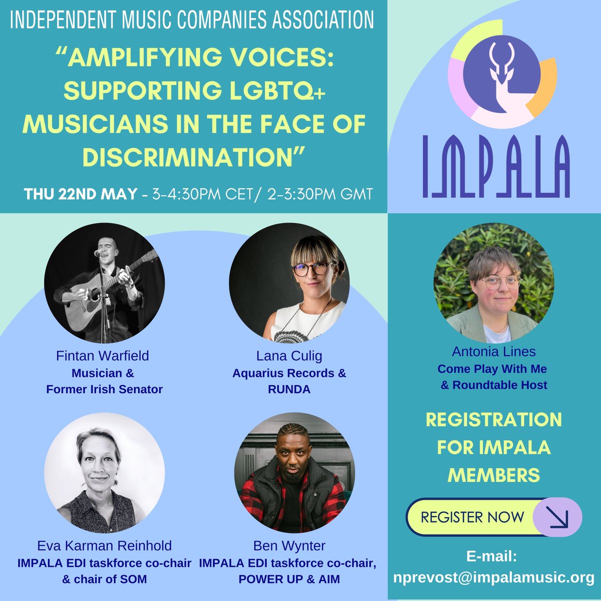🏳️‍🌈 Ahead of International Day Against Homophobia, Biphobia and Transphobia, IMPALA invites members to an online roundtable:
🗓️ Thurs 22 May at 3PM CET
🎤 With speakers from Ireland, Croatia, Sweden &amp; UK
🔐 Safe space
📩 Register via email 👇

#IDAHOBIT #LGBTQmusic #EDI
