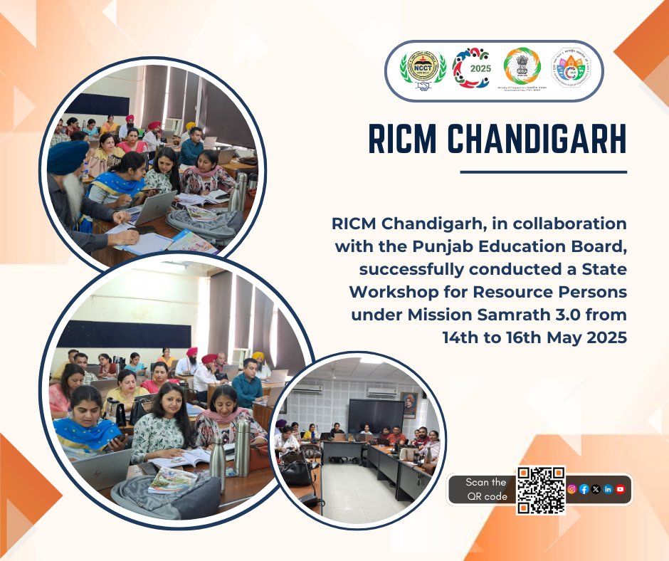 ricmchd's tweet image. RICM Chandigarh, in collaboration with the Punjab Education Board, successfully conducted a State Workshop for Resource Persons under Mission Samrath 3.0 from 14th to 16th May 2025
#PunjabEducationBoard #MissionSamrath3.0 #trainingprogram #ResourcePersons #PunjabEducation