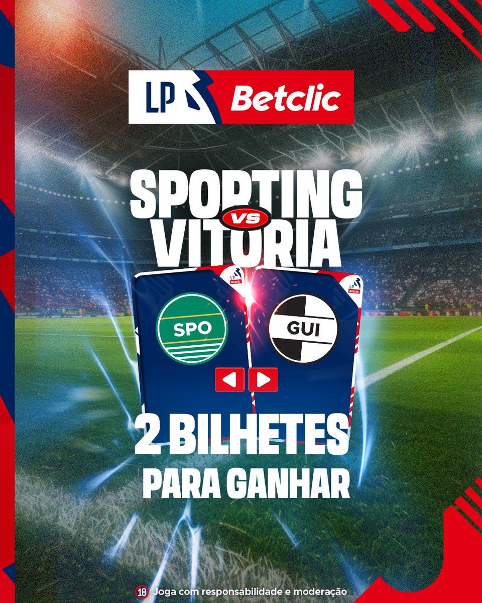 🚨GIVEAWAY🚨
Queres ir ver o Sporting-Vitoria a Alvalade? Vamos oferecer 2 bilhetes! 🔥

Para participar:
-Seguir a <a href="/BetclicPortugal/">Betclic Portugal 🔞</a> 
-Dar like e rt
-Comentar @ de quem levarias contigo 

Podem participar hoje até às 21h 👀
Boa sorte a todos 💪🏼