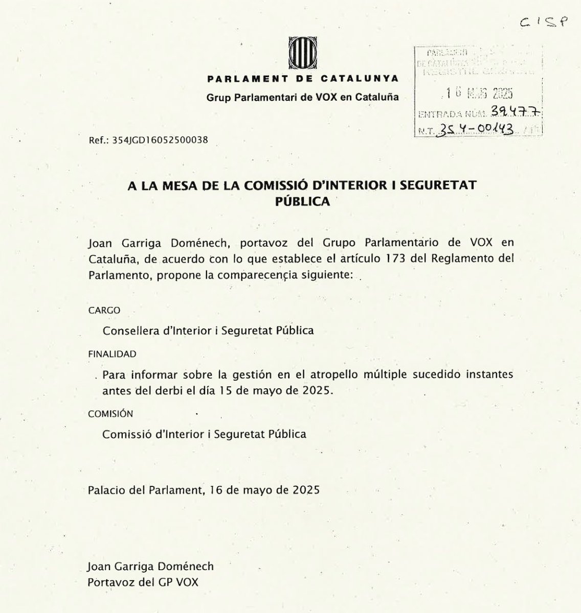 🔴 #URGENTE 

Tras el atropello masivo junto al estadio del <a href="/RCDEspanyol/">RCD Espanyol de Barcelona</a>, VOX exige RESPONSABILIDADES.

Solicitamos la comparecencia de la consellera de Interior, Núria Parlon; el alcalde de Cornellà, Antonio Balmón; y el director general de la Policía, Josep Lluís Trapero.