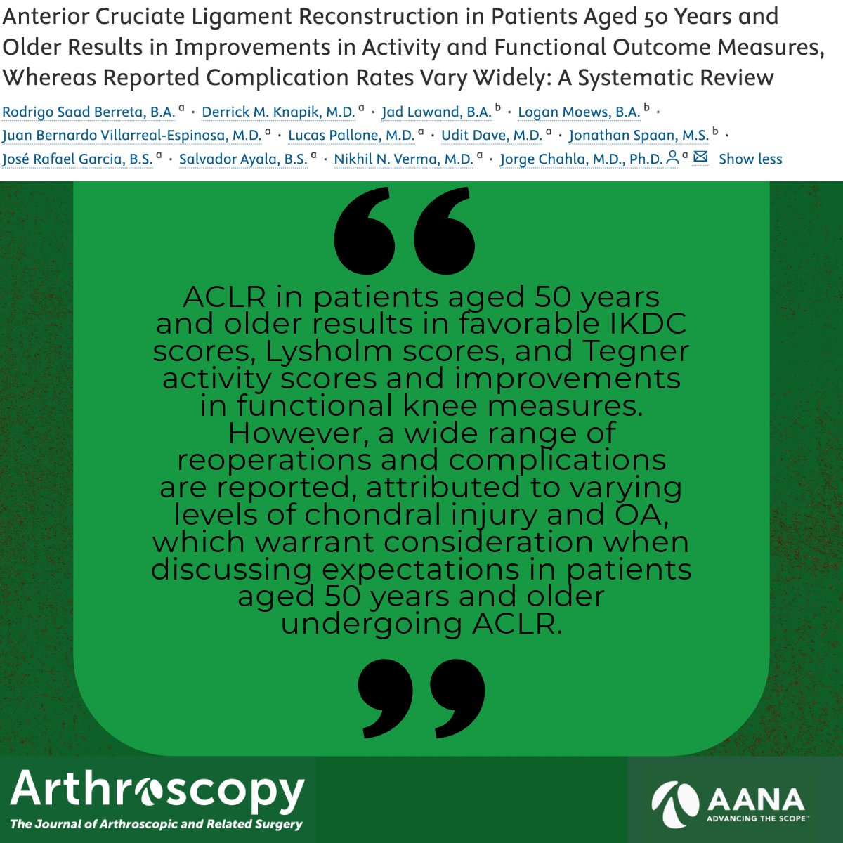 Arthroscopy Journal (@arthroscopyj) on Twitter photo Check out this systematic review on ACLR outcomes in patient age >50.
#orthoX #sportsmedicine #arthroscopy <a href="/jachahla/">Jorge Chahla, MD, PhD</a>
ow.ly/Q99R50VTNhM Check out this systematic review on ACLR outcomes in patient age >50.
#orthoX #sportsmedicine #arthroscopy <a href="/jachahla/">Jorge Chahla, MD, PhD</a>
ow.ly/Q99R50VTNhM