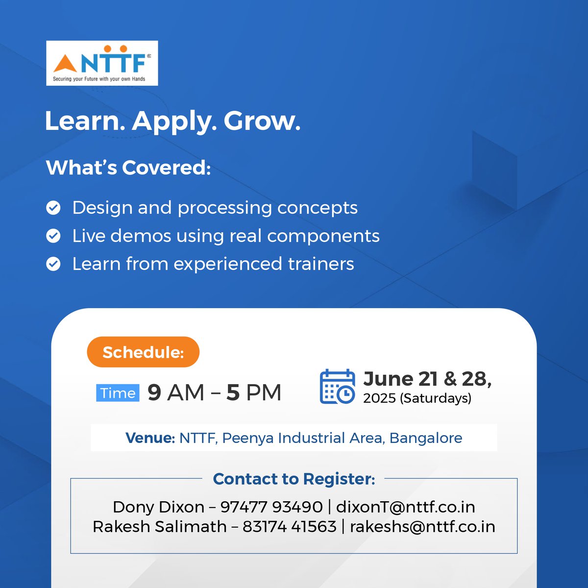 Boost your skills in Sheet Metal Part Design &amp; Processing!

June 21 &amp; 28, 2025 | 🕘 9 AM–5 PM
 NTTF, Peenya, Bangalore
₹5,000 + GST (Lunch &amp; Tea included)
Dony: 9747793490 | Rakesh: 8317441563

#TechnicalTraining #EngineeringSkills #UpskillIndia #SkillDevelopment