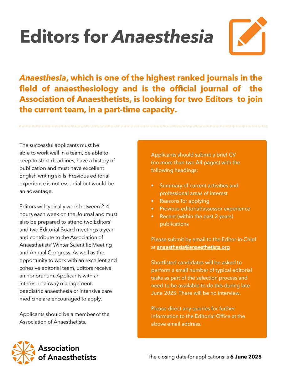 Could you be the new editor @anaes_journal is looking for?

Find out more, application deadline 6 June 👉 buff.ly/RJZS3eE