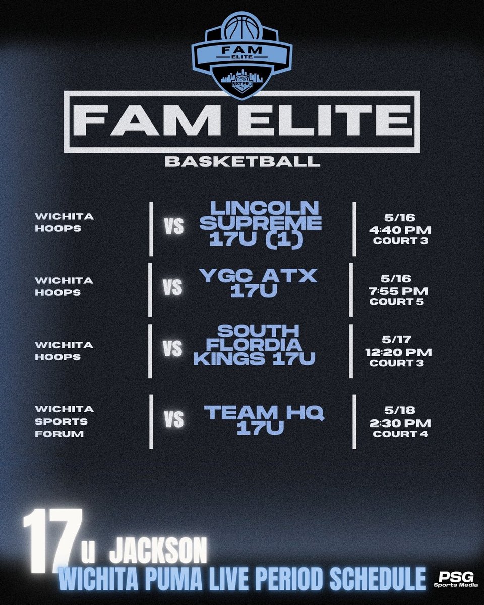 Justin Jackson (@coachjjckson) on Twitter photo College Coaches! Come checkout 17U Jackson <a href="/FAMeliteMBB/">Houston FAM Elite</a> team here in Wichita, Kansas!
#2 Adam Mclntyre
#4 Quentin Stewart
#5 DaTerrick Buckner
#9 Jayvien Cummings
#11 Nick Schatz
#20 Jaydon Smith
#23 Zachary Wittliff
#35 Samuel Mosquera
#RecruitTheFAM College Coaches! Come checkout 17U Jackson <a href="/FAMeliteMBB/">Houston FAM Elite</a> team here in Wichita, Kansas!
#2 Adam Mclntyre
#4 Quentin Stewart
#5 DaTerrick Buckner
#9 Jayvien Cummings
#11 Nick Schatz
#20 Jaydon Smith
#23 Zachary Wittliff
#35 Samuel Mosquera
#RecruitTheFAM