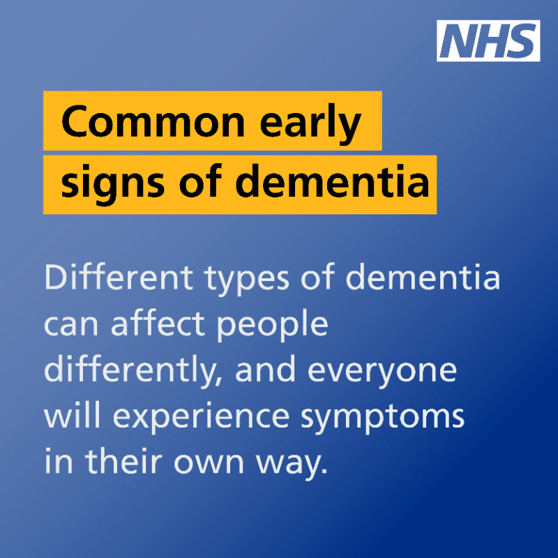 NHSuk's tweet photo. Different types of dementia can affect people differently, and everyone will experience symptoms in their own way.

However, there are some common early symptoms that may appear some time before a diagnosis of dementia.

https://t.co/UTSBlj1B0Z  

#DementiaActionWeek