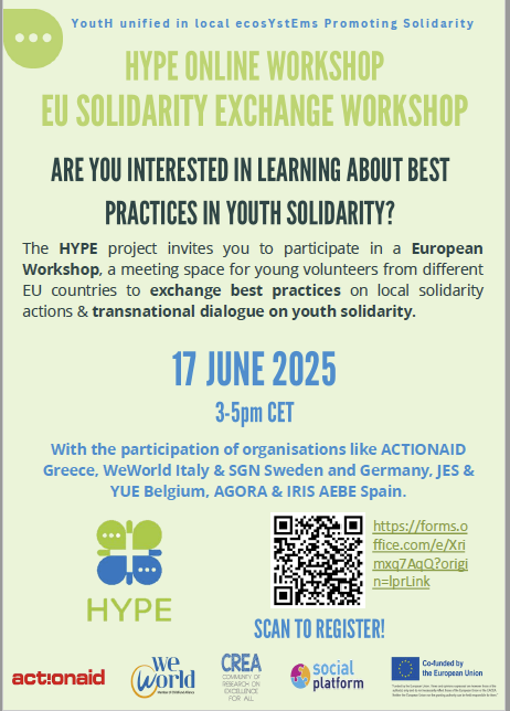Young volunteers working on solidarity in the spotlight at HYPE workshop on 17th June 3-5pm CET where they will take the floor about what makes them have a real impact on society. Register here and join the debate: forms.office.com/e/Xrimxq7AqQ?o…