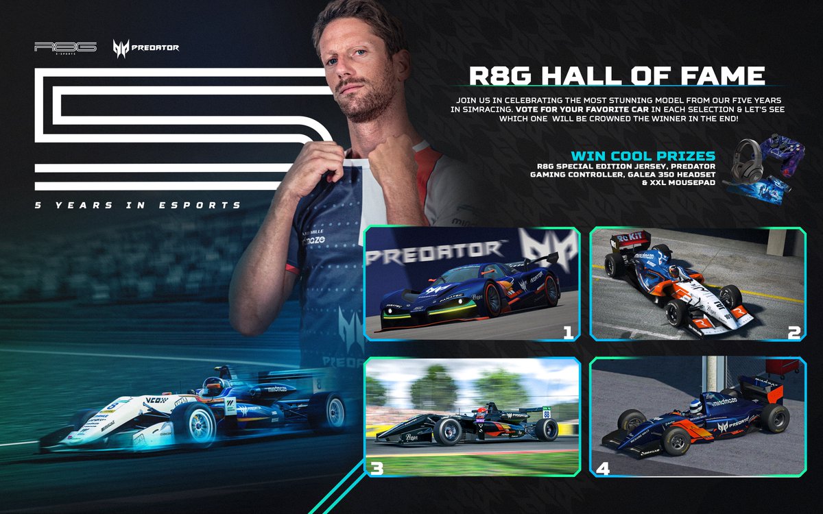 R8G eSports (@r8gesports) on Twitter photo 🌟 R8G HALL OF FAME 🌟
🗳️ New vote!
🏎️FIFTH SELECTION🚗
Vote 1️⃣, 2️⃣, 3️⃣ or 4️⃣
🎁 Win R8G Special Edition Jersey, Predator Gaming controller, Galea 350 HEADSET & XXL Mousepad
#r8gesports <a href="/PredatorGaming/">Predator Gaming</a> 🌟 R8G HALL OF FAME 🌟
🗳️ New vote!
🏎️FIFTH SELECTION🚗
Vote 1️⃣, 2️⃣, 3️⃣ or 4️⃣
🎁 Win R8G Special Edition Jersey, Predator Gaming controller, Galea 350 HEADSET & XXL Mousepad
#r8gesports <a href="/PredatorGaming/">Predator Gaming</a>