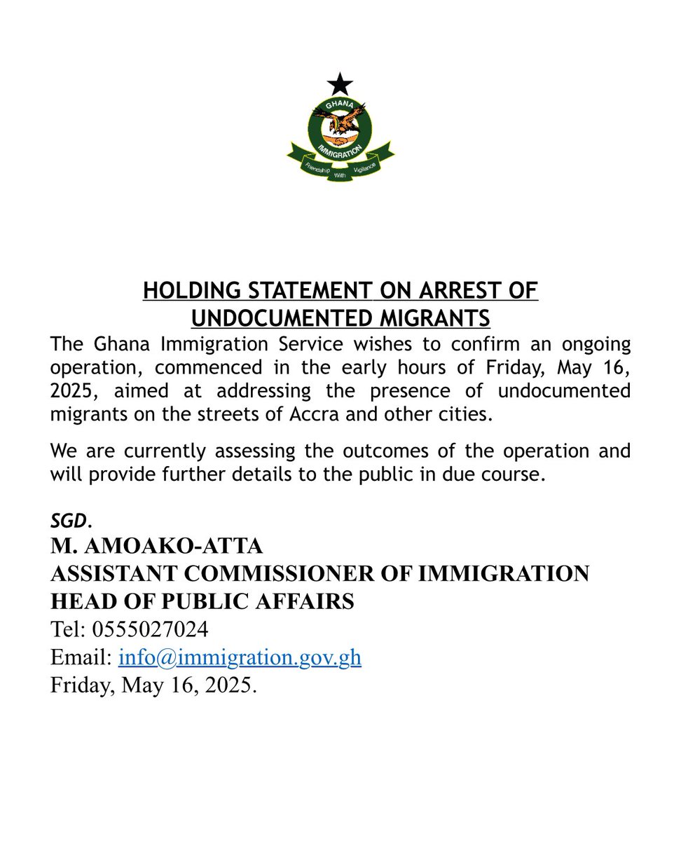 FlexGermain Online (@flexkgermain) on Twitter photo .<a href="/Gha_Immigration/">Ghana Immigration Service</a> is actively removing undocumented immigrants from public spaces, particularly those frequently seen standing on major roads and in traffic, soliciting financial assistance.
A significant number of these individuals are homeless and scattered throughout the .<a href="/Gha_Immigration/">Ghana Immigration Service</a> is actively removing undocumented immigrants from public spaces, particularly those frequently seen standing on major roads and in traffic, soliciting financial assistance.
A significant number of these individuals are homeless and scattered throughout the