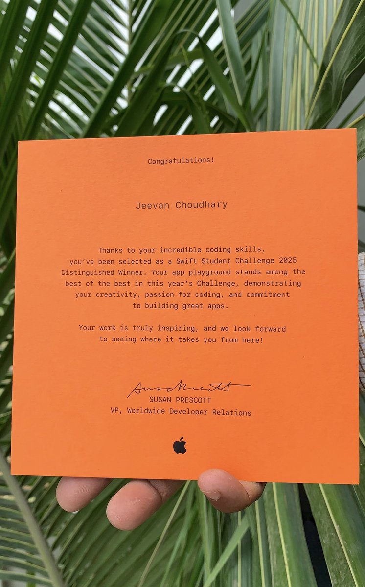 Jeevan2421's tweet photo. Today made! Just received my #SwiftStudentChallenge 2025 Distinguished Winner certificate. Feeling super grateful—thank you, @Apple!🙌✨ https://t.co/lb5tgW6Ek2
