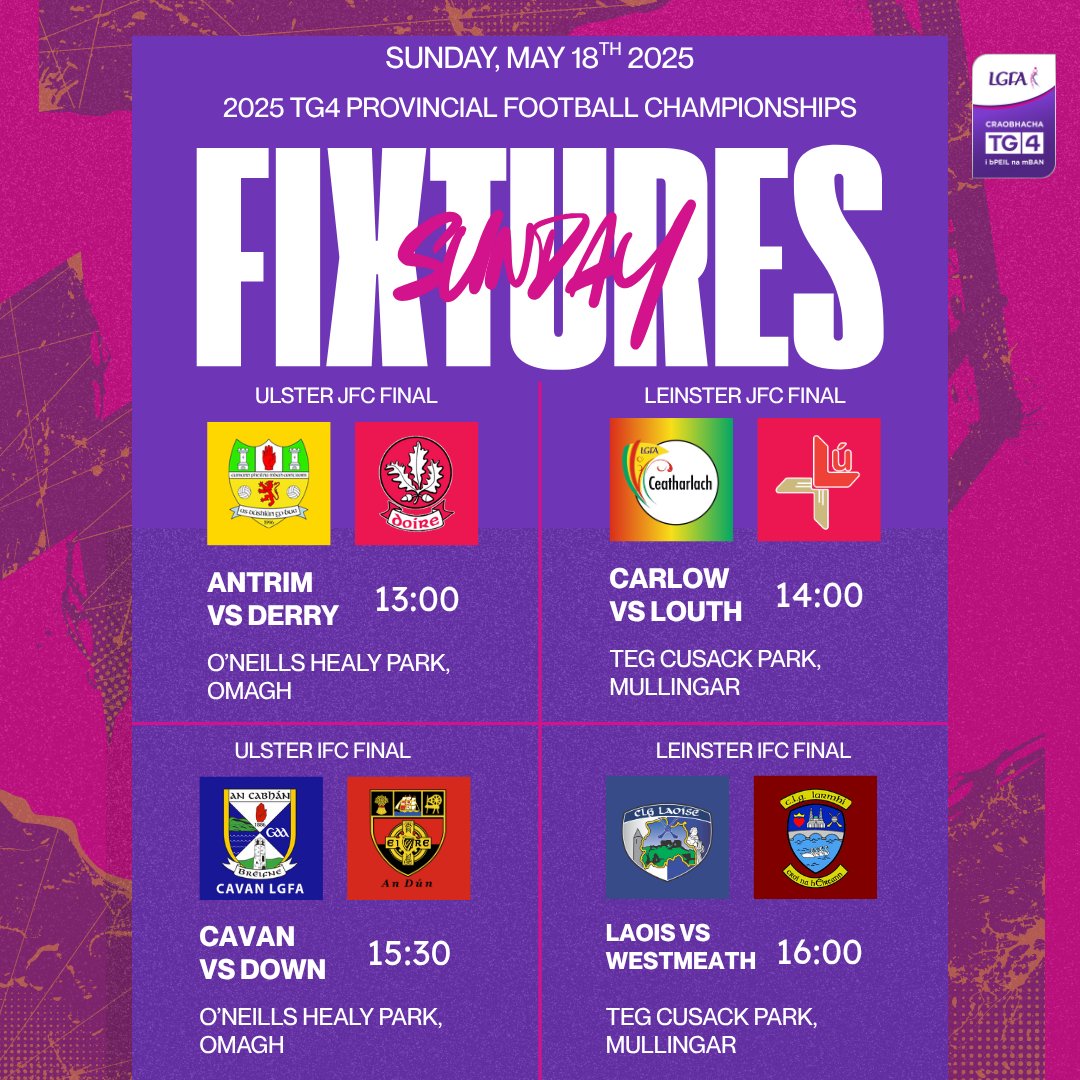 Ladies Football (@ladiesfootball) on Twitter photo All you need to know ahead of Sunday's <a href="/TG4TV/">TG4</a> <a href="/LeinsterLGFA/">Leinster LGFA</a> and <a href="/UlsterLadies/">Ulster Ladies Gaelic</a> Finals🏆🏐
How to watch➡️ bit.ly/3GWjC6t
Previews➡️ bit.ly/43npbSR
Tickets➡️ bit.ly/4dbKPOo
<a href="/SportTG4/">Spórt TG4</a> #ProperFan All you need to know ahead of Sunday's <a href="/TG4TV/">TG4</a> <a href="/LeinsterLGFA/">Leinster LGFA</a> and <a href="/UlsterLadies/">Ulster Ladies Gaelic</a> Finals🏆🏐
How to watch➡️ bit.ly/3GWjC6t
Previews➡️ bit.ly/43npbSR
Tickets➡️ bit.ly/4dbKPOo
<a href="/SportTG4/">Spórt TG4</a> #ProperFan
