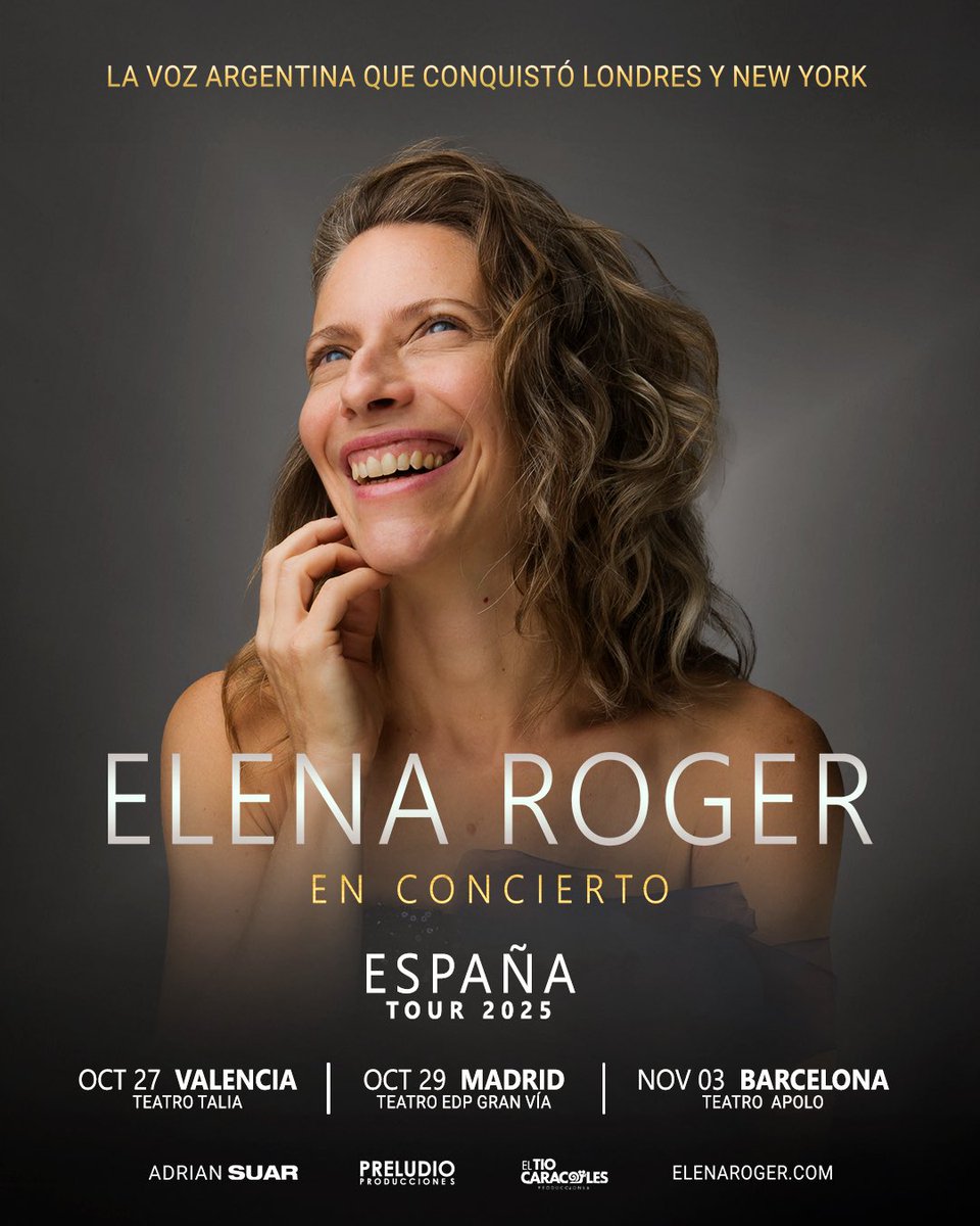 ELENA ROGER, EN CONCIERTO
Llega a España la voz argentina que conquistó Londres y Nueva York.
Elena Roger se presentará en Madrid, Barcelona y Valencia con un concierto inolvidable. <a href="/ElTioCaracoles/">El Tío Caracoles</a>