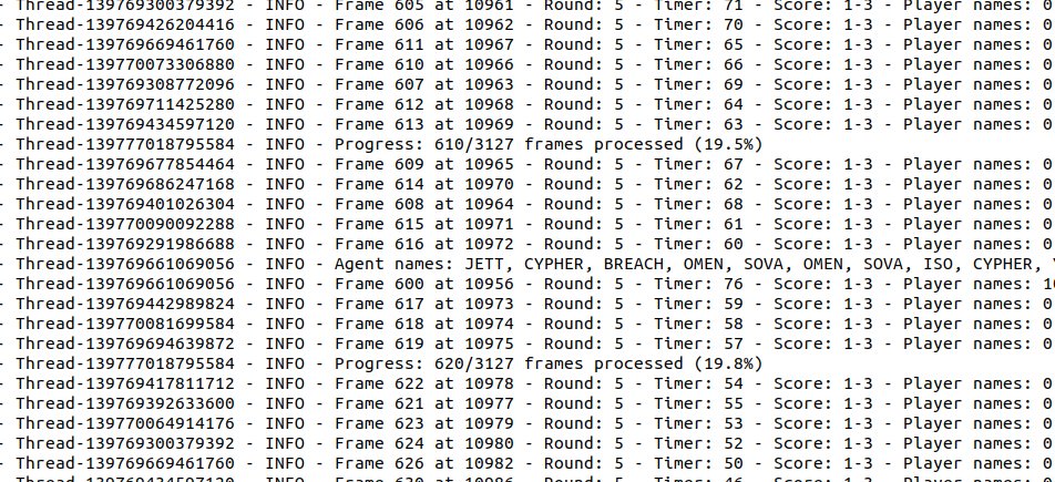 Why does scraping a Valorant VOD take its sweet time?

A typical match with 3 maps is about 9,000 seconds.

We track 10 players with 4 abilities each (10 × 4 = 40), plus the round timer, spike, scores, and map (5 more).

That’s 45 items per frame.

We scrape 1 frame per second,