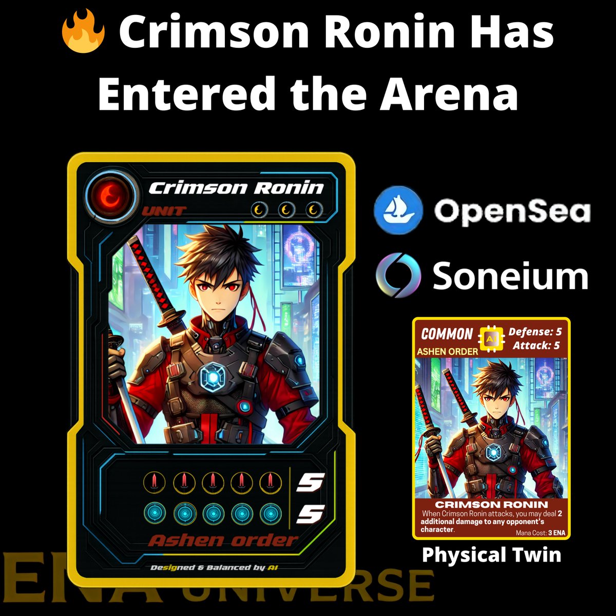 enauniverseTCG's tweet photo. 🔥 Crimson Ronin Has Entered the Arena

🔥 Honor. Rage. Precision.

The Crimson Ronin walks the edge of discipline and destruction.
⚔️ 5 ATK | 🛡️ 5 DEF | 🔺 Cost: 5 ENA

Mint now & join the Ashen Order. Physical redemption included.
→ Available now on OpenSea: https://t.co/vf7xlO5yzt

#ENAUniverse #AshenOrder #TCGdrop #HybridCards #Soneium #nft #nfts #RWA #astarnetwork