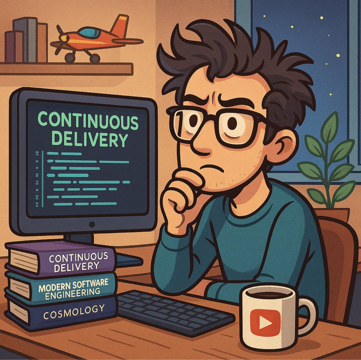 📷
· 17sDave Farley <a href="/davefarley77/">Dave Farley</a>.bsky.social
Working on a new presentation and I wanted a picture to illustrate it. I asked ChatGPT to generate one for me with the prompt "picture of a cartoon software developer thinking". I found the result a bit spooky 😯