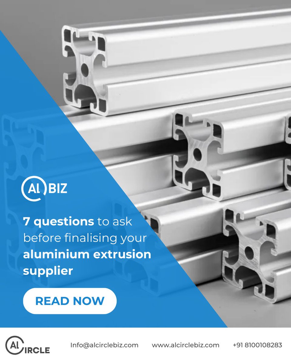 AL Biz (@alcircleb) on Twitter photo Looking to finalise your aluminium extrusion supplier? This guide outlines seven essential questions to ensure you choose the right partner.
Read the blog: alcirclebiz.com/blogs/7-questi…
Connect for more details
📞 Call us: +91 81001 08283
📧 Email us: info@alcirclebiz.com Looking to finalise your aluminium extrusion supplier? This guide outlines seven essential questions to ensure you choose the right partner.
Read the blog: alcirclebiz.com/blogs/7-questi…
Connect for more details
📞 Call us: +91 81001 08283
📧 Email us: info@alcirclebiz.com