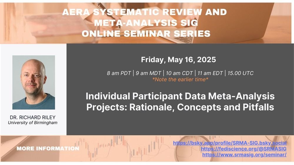 FrIPDay talk 
- today at 4pm UK:

"Individual Participant Data Meta-Analysis Projects: rationale, concepts, &amp; pitfalls" 

 - see also ipdma.co.uk
- register here: register here: srmasig.org/seminar/upcomi…