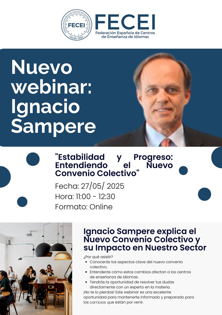 Nuevo webinar exclusivo para socios con un invitado de primer nivel: Ignacio Sampere, experto en relaciones laborales, para ayudarnos a entender el nuevo Convenio Colectivo y su impacto real en el sector de la enseñanza de idiomas.