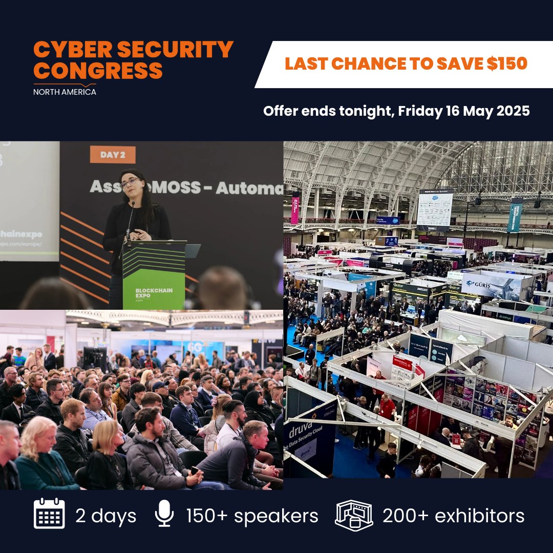 The Cyber Security & Cloud Expo (@cybersec_expo) on Twitter photo FINAL HOURS: Secure your Gold Pass for Cyber Security Congress, part of TechEx North America, before midnight & save $150! โก๏ธ7 Conference Tracks โก๏ธ200+ Speakers (AWS, Walmart, Microsoft & more) โก๏ธJoin 8,000+ tech leaders๐๏ธ cybersecuritycloudexpo.com/northamerica/tโฆ. Don't miss it! #CyberExpo FINAL HOURS: Secure your Gold Pass for Cyber Security Congress, part of TechEx North America, before midnight & save $150! โก๏ธ7 Conference Tracks โก๏ธ200+ Speakers (AWS, Walmart, Microsoft & more) โก๏ธJoin 8,000+ tech leaders๐๏ธ cybersecuritycloudexpo.com/northamerica/tโฆ. Don't miss it! #CyberExpo