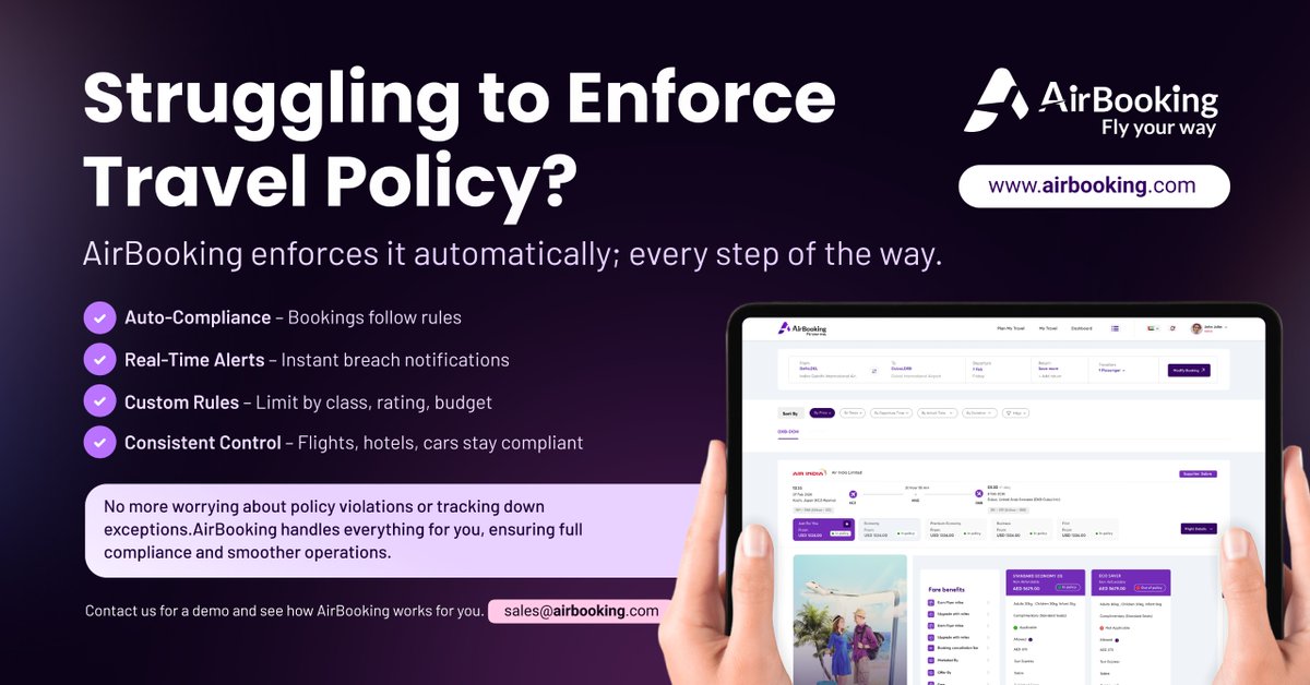 AirBookingUAE's tweet image. Tired of off-policy travel bookings? Airbooking enforces rules automatically with alerts, tracking & controls. Book your demo: sales@airbooking.com
#TravelPolicy #Airbooking #ExpenseControl #CorporateTravel #CostEfficiency #BusinessTravel