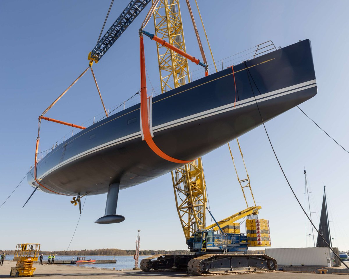 Launch day 🏗️

After years of design, craftsmanship, and coordination — she takes to the air, moments from the sea.

A proud day in Finland, and a milestone for all who made it happen.

#NautorSwan #Swan128 #YachtLaunch