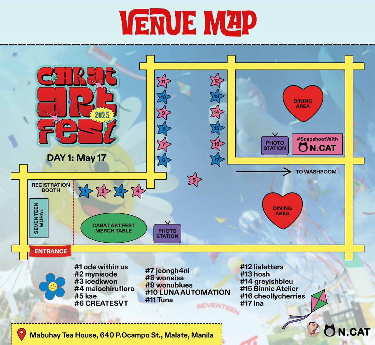caratartfest's tweet photo. 🌈 Get a look at what’s waiting for you at #CaratArtFest2025 Day 1!

From Artist Booths to Photo Stations, here’s your guide for the celebration! 🤹

📍 Mabuhay Tea House, Malate
🕐 May 17 • 1–5 PM • Walk-ins allowed at 3PM
🪇 Save this map for later! https://t.co/qM8W0EhQMr