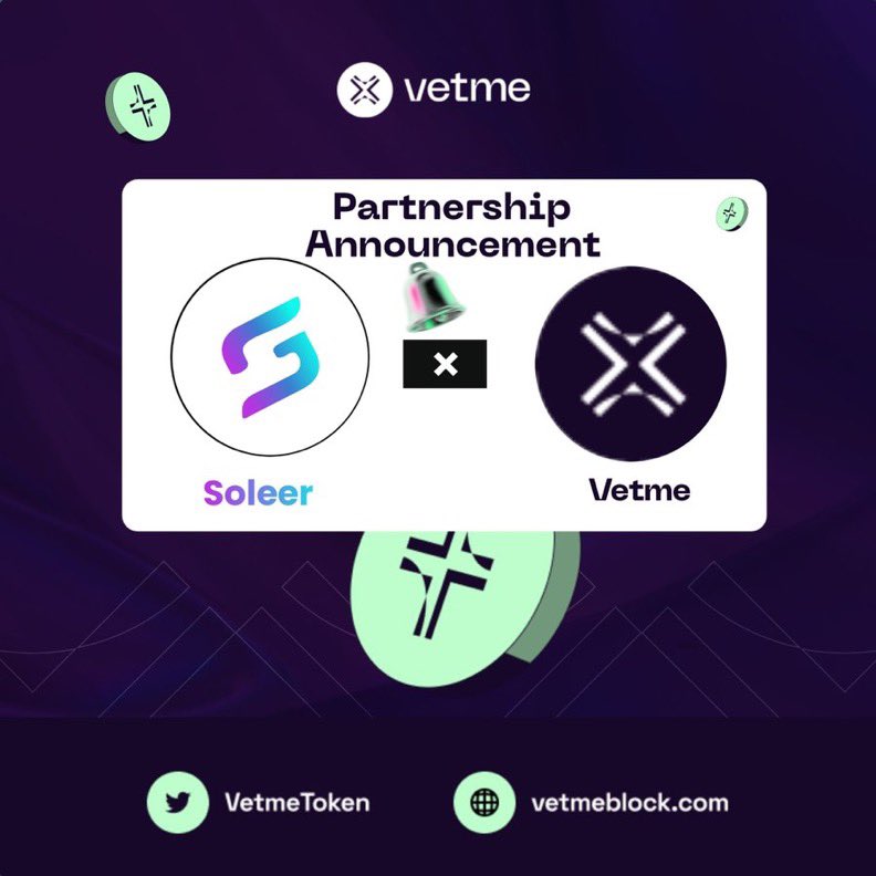 Fantastic Partnership!
VetMe 🤝 Soleer 

VetMe continues to deliver back-to-back solid moves. 

This partnership with Soleer will enable faster, more secure cross-chain P2P payments. 

The team’s relentless effort is clearly paying off.

<a href="/VetmeToken/">VetMe</a> is still alive and soon it’s