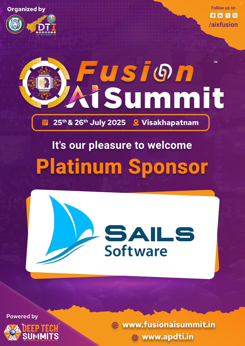 aixfusion's tweet photo. Excited to announce @SailsSoftware as a Platinum Sponsor for the #FusionAISummit (#FAIS), happening on 25–26 July 2025 in #Visakhapatnam!
#Registrations will open soon!
#FusionAISummit2025 #AI #GenAI #AgenticAI #Vizag #AISummit #SailsSoftware #VizagSummit #Innovation #Sponsor https://t.co/t95hgtZCOP