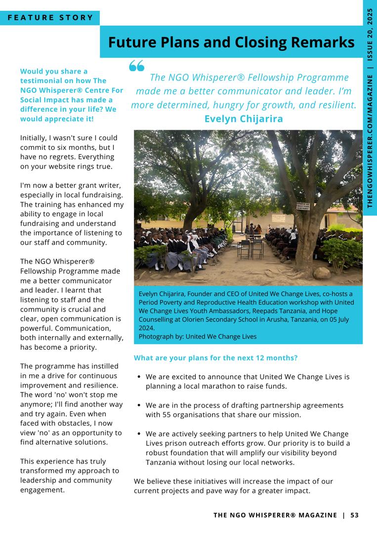uwechangelives's tweet photo. Excited to share that our Founder and CEO is featured in The NGO Whisperer® Magazine (Issue 20)!
She shares how United We Change Lives was born and the impact we’re making in Tanzania.
Subscribe here: https://t.co/svd2HF2VsC

#socialinnovation #socialimpact #unitedwechangelives https://t.co/KzYg2a2bpJ