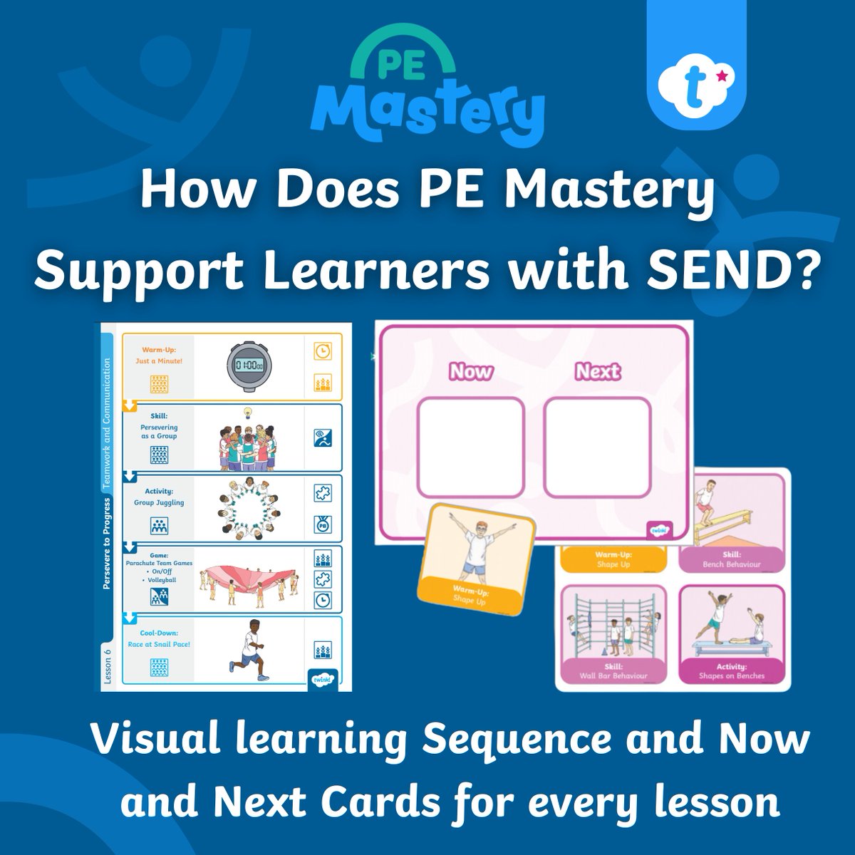 Every child deserves to feel confident, supported, and included in PE.
Our PE Mastery Inclusive Support Packs contain visual learning sequences and now and next cards, tailored to every lesson. Just one of the ways that we support all learners to progress in PE.