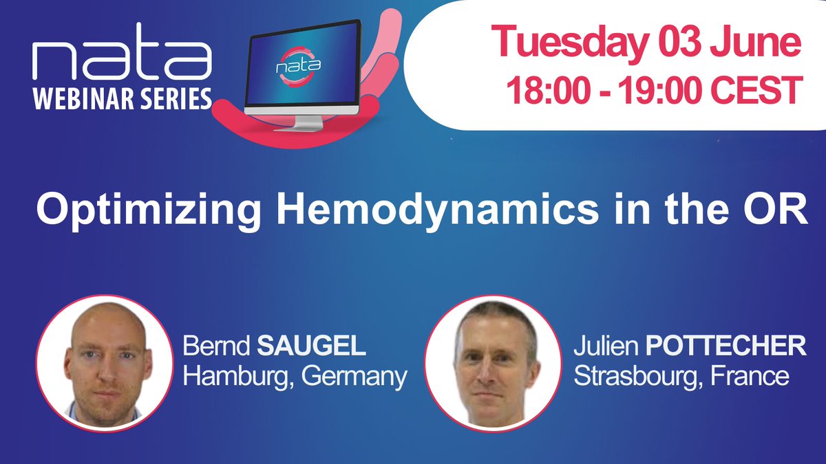 June is a busy month—get ahead and save the date!
Join us for the next NATA webinar:

🗓️Tuesday, 3 June | 18:00 CEST
💡Optimizing Hemodynamics in the OR
🎙️ With experts Bernd Saugel &amp; Julien Pottecher

🔗 Register now: nataonline.com/monthly-live-w…

#Hemodynamics #Anesthesia #PBM