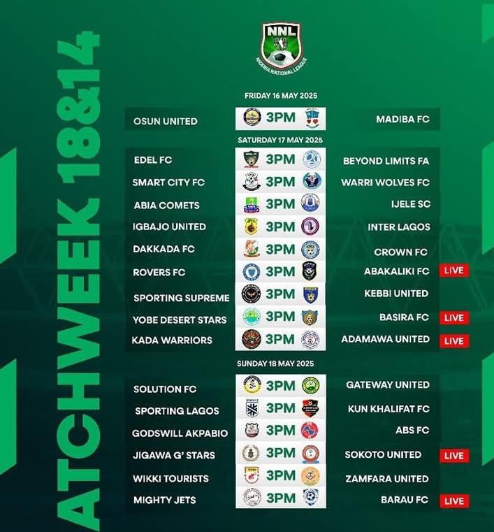 National League Match Day 18 &amp; 14.
Osun Utd &amp; Madiba slot it out with early kickoff today.
🕜: 3pm
🏟️: Lanre-leke sports complex Ile-ogbo.