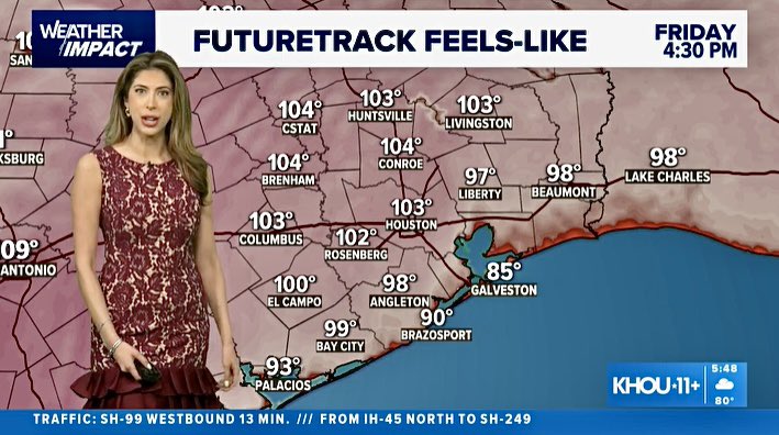 Kim Castro (@kimcastrowx) on Twitter photo Another steamy day in Houston🥵
Air temp: 96
Feels like: 103
Breeze: 15-25 MPH
(humid out of the gulf)
<a href="/KHOU/">KHOU 11 News Houston</a> #khou11 Another steamy day in Houston🥵
Air temp: 96
Feels like: 103
Breeze: 15-25 MPH
(humid out of the gulf)
<a href="/KHOU/">KHOU 11 News Houston</a> #khou11