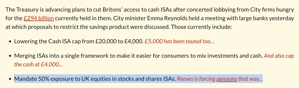 Britain's problem is that there aren't enough investment opportunities anyone would willing put their money into. There's no shortage of cash for investments that will make money.

Forcing 50% of our ISA savings into UK equities is just going to kill our ability to build wealth.
