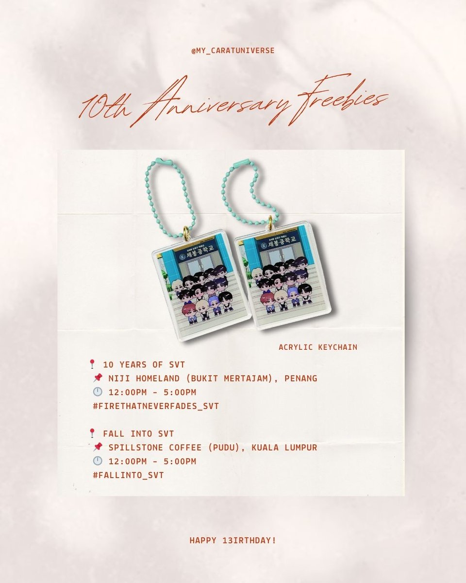 MYCaratUniverse's tweet image. To celebrate 10 amazing years of #SEVENTEEN, we’ve prepared exclusive acrylic keychains for CARATs! 

🎁 How to get one?
1. Just show up and say hi (FSFC)!
2. Or join our “Life 4 Cuts” event (T&amp;amp;C applied)!

#세븐틴 #CARAT #my_caratuniverse #pasarseventeen