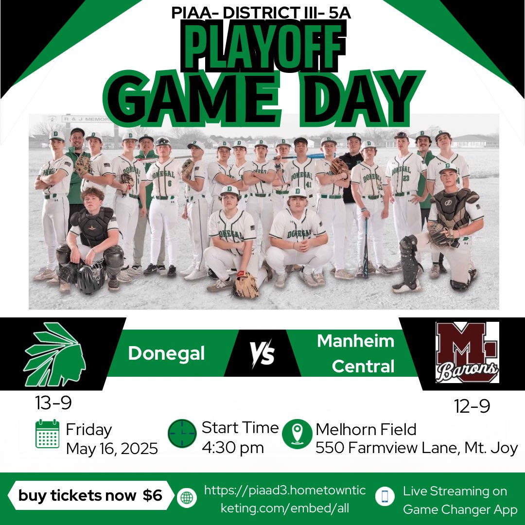 ⚾️GAME DAY
📍MELHORN FIELD
⏰4:30PM
🥨 Concession stand will be open with fresh grilled burgers, hotdogs and fresh baked chocolate chunk cookies. 
Admission $6 online only!
piaad3.hometownticketing.com/embed/all
<a href="/godonegalsports/">Donegal Athletics</a> #donegalbaseball #prideinthetribe