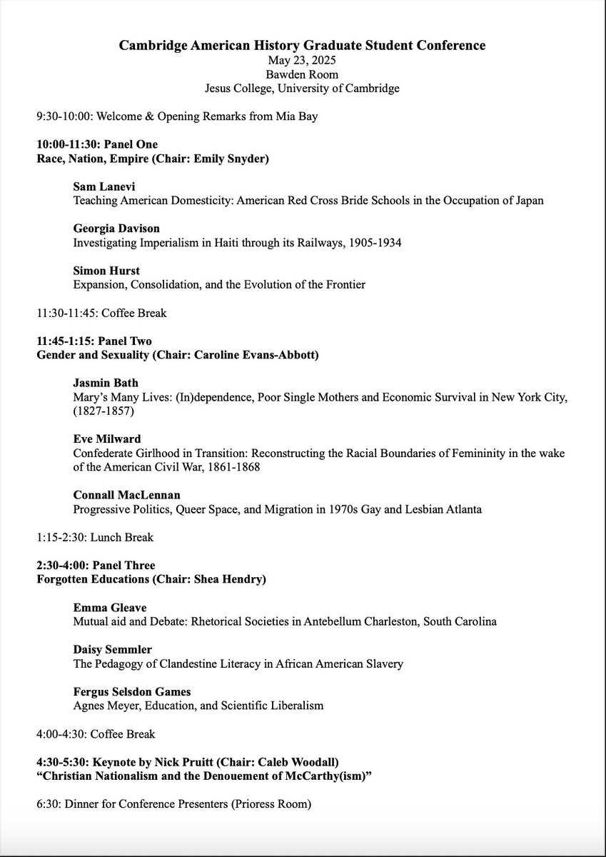 camericanist's tweet photo. The Cambridge American History Graduate Student Conference will take place next Friday, 23 May, in the Bawden Room at Jesus College. All are welcome! https://t.co/IkGQfy7Vu5