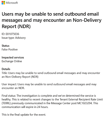 mderooij's tweet photo. Seems unaware orgs are hitting external recipient limits. Keep track of who sends out through your tenant, especially using hybrid, or eg app messages might cause blockade of more important things #MSExchange #TERRL #MC1023294 #EX1075036 https://t.co/tH7Xa5zBUI