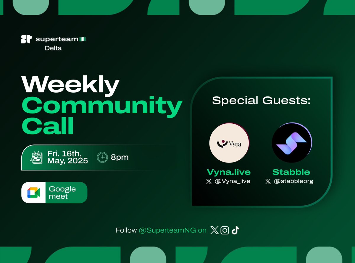 Rob (@liquidityape) on Twitter photo Set your reminder for the <a href="/SuperteamNG/">Superteam Nigeria</a> Delta Weekly Community Call!
This week, we’re hosting two special guests:
🔸 <a href="/Vyna_live/">Vyna.live || Breakout Hackathon 🇳🇬</a>
🔸 <a href="/stabbleorg/">stabble</a>
Hope you’re both feeling Super?
And ready for the call! 💪
📅 View details and RSVP:
calendar.app.google/5a1U4V8vDE1hkJ…
#Solana Set your reminder for the <a href="/SuperteamNG/">Superteam Nigeria</a> Delta Weekly Community Call!
This week, we’re hosting two special guests:
🔸 <a href="/Vyna_live/">Vyna.live || Breakout Hackathon 🇳🇬</a>
🔸 <a href="/stabbleorg/">stabble</a>
Hope you’re both feeling Super?
And ready for the call! 💪
📅 View details and RSVP:
calendar.app.google/5a1U4V8vDE1hkJ…
#Solana