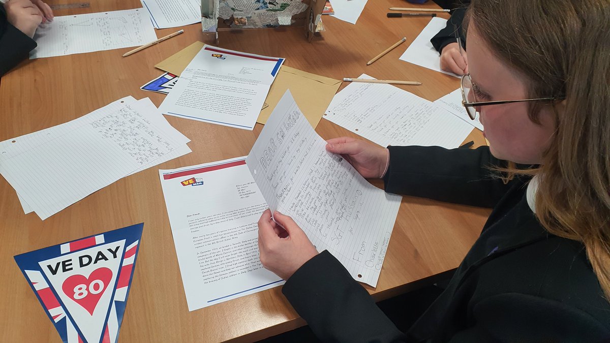 Today we celebrated #VEDay in the library with a special workshop. Students read a letter from 100-year-old WW2 veteran Sgt. Hussein and wrote heartfelt replies to send back to him. 📜✨

Our display also helps students learn why we remember Victory in Europe. 🇬🇧 #TeamHaydock