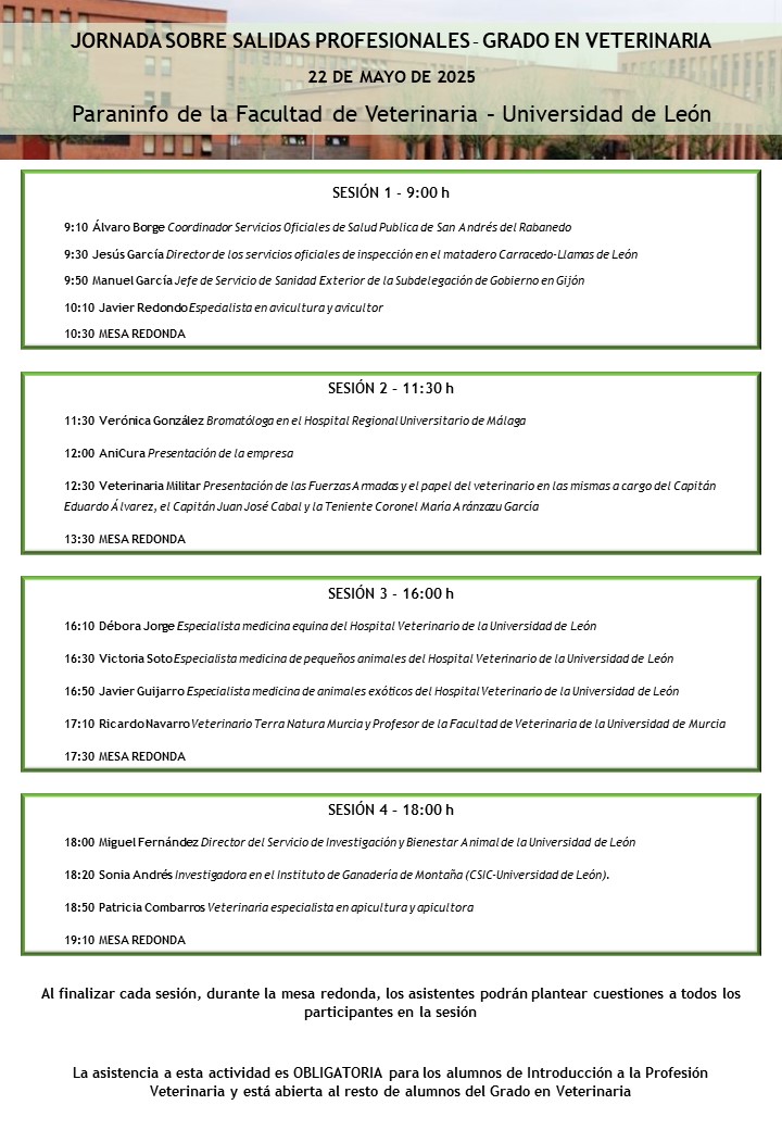 The Rumen Today (@rumentoday) on Twitter photo 📢📢JORNADA SOBRE SALIDAS PROFESIONALES
GRADO EN VETERINARIA📢📢
🗓️Jueves, 22 de mayo de 2025
📍Paraninfo de la Facultad de Veterinaria de <a href="/unileon/">Universidad de León</a>
¡¡Ven a conocer de primera mano las diferentes salidas profesionales del grado!!
<a href="/FacVetLeon/">Facultad de Veterinaria - Universidad de León</a> 📢📢JORNADA SOBRE SALIDAS PROFESIONALES
GRADO EN VETERINARIA📢📢
🗓️Jueves, 22 de mayo de 2025
📍Paraninfo de la Facultad de Veterinaria de <a href="/unileon/">Universidad de León</a>
¡¡Ven a conocer de primera mano las diferentes salidas profesionales del grado!!
<a href="/FacVetLeon/">Facultad de Veterinaria - Universidad de León</a>