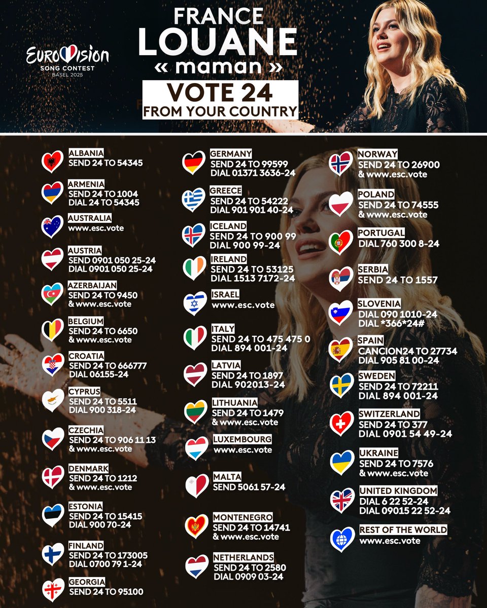 Vote 24 #team🇫🇷

📞Ouverture des votes demain dès la première prestation 

Tous derrière Louane 💙🤍♥️