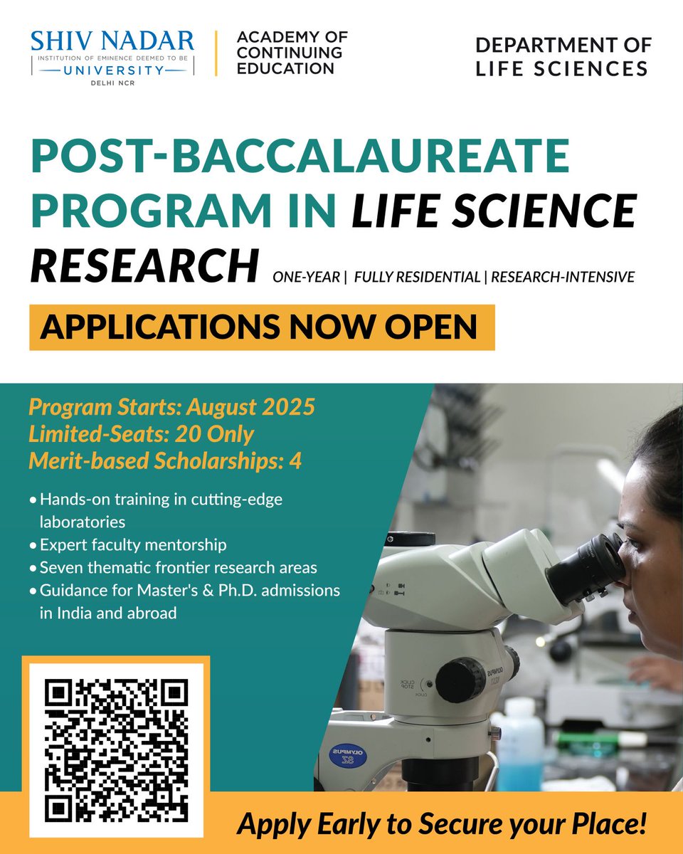 dls_snioe's tweet image. #PostBaccalaureateProgram in Life Sciences 🎉 
1-year 𝐏𝐨𝐬𝐭𝐠𝐫𝐚𝐝𝐮𝐚𝐭𝐞 𝐂𝐞𝐫𝐭𝐢𝐟𝐢𝐜𝐚𝐭𝐞 𝐏𝐫𝐨𝐠𝐫𝐚𝐦 𝐢𝐧 𝐋𝐢𝐟𝐞 𝐒𝐜𝐢𝐞𝐧𝐜𝐞 𝐑𝐞𝐬𝐞𝐚𝐫𝐜𝐡, for fresh graduates passionate about experimental research!
Know More &amp;amp; Apply:
lnkd.in/gZU4TVxU