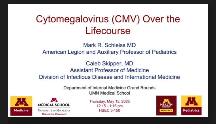Dr. Mark R. Schleiss (@mschleiss) on Twitter photo A real pleasure giving Department of Medicine Grand Rounds yesterday with collaborator Dr. Caleb Skipper <a href="/umn_dom/">UMN Medicine</a> <a href="/umnmedschool/">UMN Medical School</a> <a href="/UMN_CTSI/">UMN CTSI</a> <a href="/UMNPeds/">UMN Pediatrics</a> <a href="/mhfvpediatrics/">M Health Fairview Pediatrics</a> on lifelong impact of CMV <a href="/NationalCMV/">National CMV</a>! A universal CMV vaccine would provide health benefits for all age groups. A real pleasure giving Department of Medicine Grand Rounds yesterday with collaborator Dr. Caleb Skipper <a href="/umn_dom/">UMN Medicine</a> <a href="/umnmedschool/">UMN Medical School</a> <a href="/UMN_CTSI/">UMN CTSI</a> <a href="/UMNPeds/">UMN Pediatrics</a> <a href="/mhfvpediatrics/">M Health Fairview Pediatrics</a> on lifelong impact of CMV <a href="/NationalCMV/">National CMV</a>! A universal CMV vaccine would provide health benefits for all age groups.