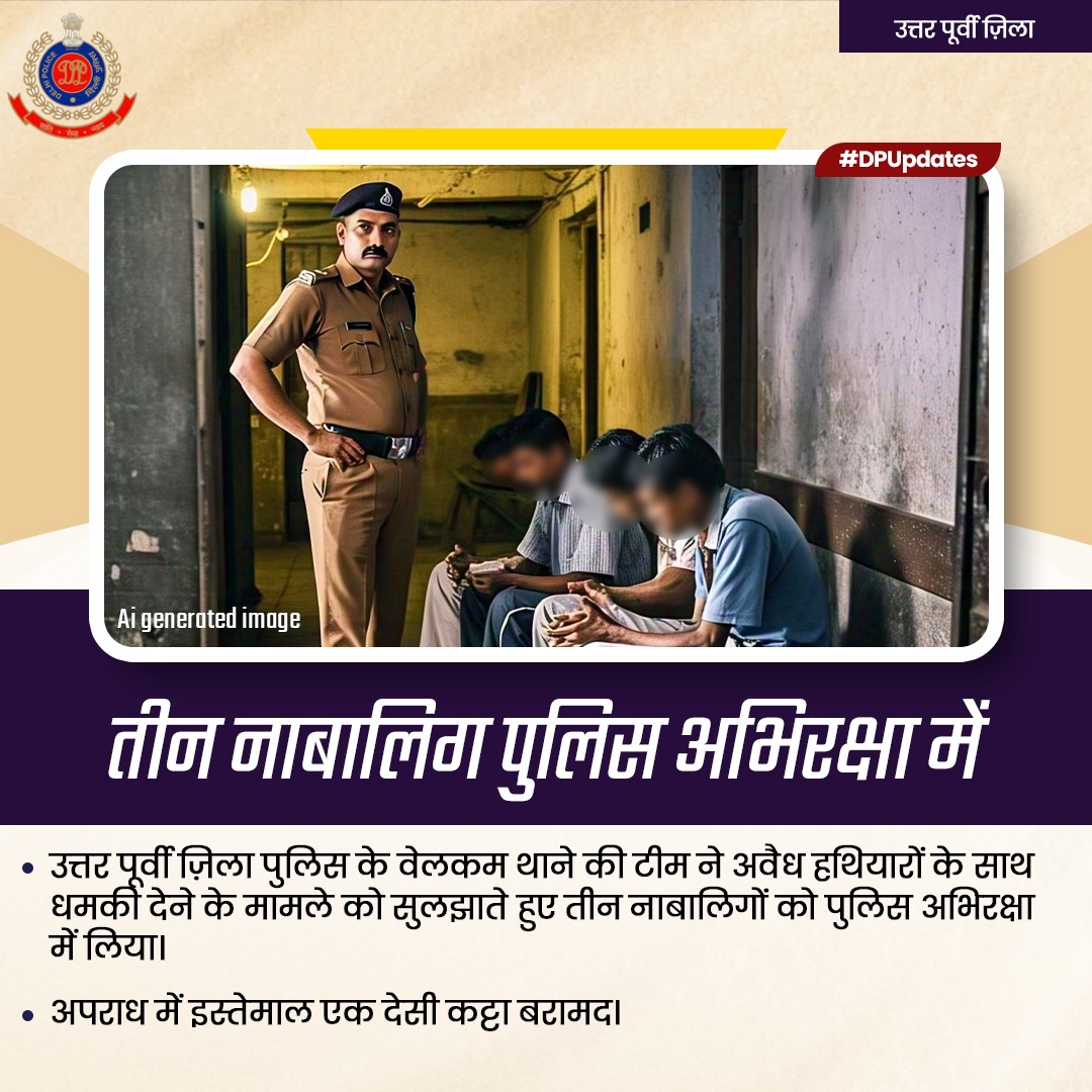 DCPNEastDelhi's tweet photo. उत्तर पूर्वी ज़िला पुलिस के वेलकम थाने की टीम ने अवैध हथियारों के साथ धमकी देने के मामले को सुलझाते हुए तीन नाबालिगों को पुलिस अभिरक्षा में लिया।

अपराध में इस्तेमाल एक देसी कट्टा बरामद।

#DPUpdates @LtGovDelhi
@DelhiPolice @Ravindra_IPS https://t.co/3xUYYS1n3n