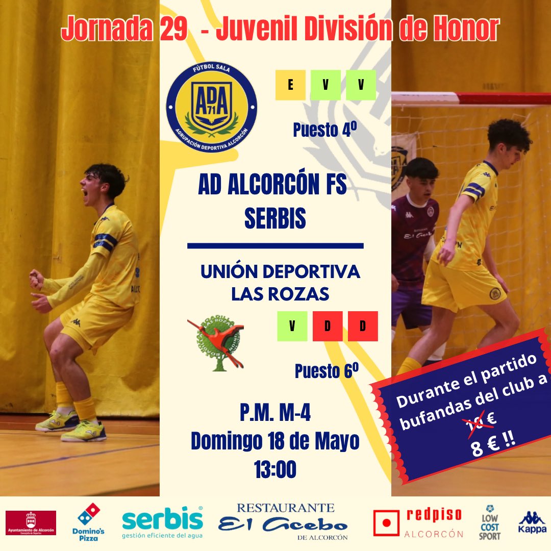 AD Alcorcón FS 2024 / 2025 (@adalcorconfs) on Twitter photo | JUVENIL DIVISIÓN DE HONOR |
PARTIDAZO para los de <a href="/Luisete21/">Luis Guillen</a> el domingo que será el último de la temporada en casa
🆚 <a href="/UDRB/">UD Las Rozas FS</a>
📅 Domingo 18 Mayo
⌚️ 13:00
🏟️ P.M. M-4
#123Alcorcón
#ConelCorazónenlaPista💛 | JUVENIL DIVISIÓN DE HONOR |
PARTIDAZO para los de <a href="/Luisete21/">Luis Guillen</a> el domingo que será el último de la temporada en casa
🆚 <a href="/UDRB/">UD Las Rozas FS</a>
📅 Domingo 18 Mayo
⌚️ 13:00
🏟️ P.M. M-4
#123Alcorcón
#ConelCorazónenlaPista💛