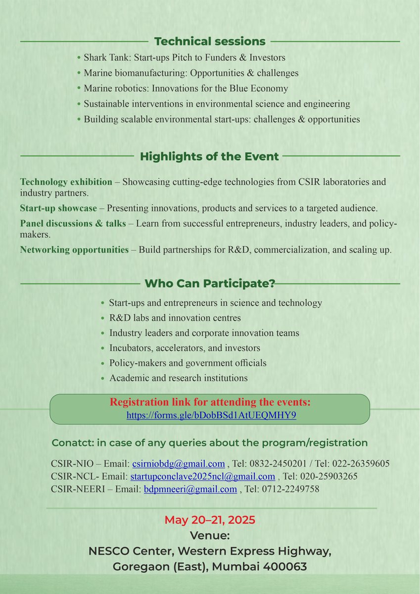 CSIR-National Chemical Laboratory (@csir_ncl) on Twitter photo 🚀 Join us at CSIR Start-up Conclave Mumbai 2025
📅 May 20–21 | 📍 NESCO, Goregaon (E)
🔹 Shark Tank pitches
🔹 Innovation showcases
🔹 Panel talks & networking
Register now: forms.gle/bDobBSd1AtUEQM…
#StartupIndia #CSIR #Innovation #Mumbai2025
<a href="/CSIR_IND/">CSIR, India</a> 🚀 Join us at CSIR Start-up Conclave Mumbai 2025
📅 May 20–21 | 📍 NESCO, Goregaon (E)
🔹 Shark Tank pitches
🔹 Innovation showcases
🔹 Panel talks & networking
Register now: forms.gle/bDobBSd1AtUEQM…
#StartupIndia #CSIR #Innovation #Mumbai2025
<a href="/CSIR_IND/">CSIR, India</a>